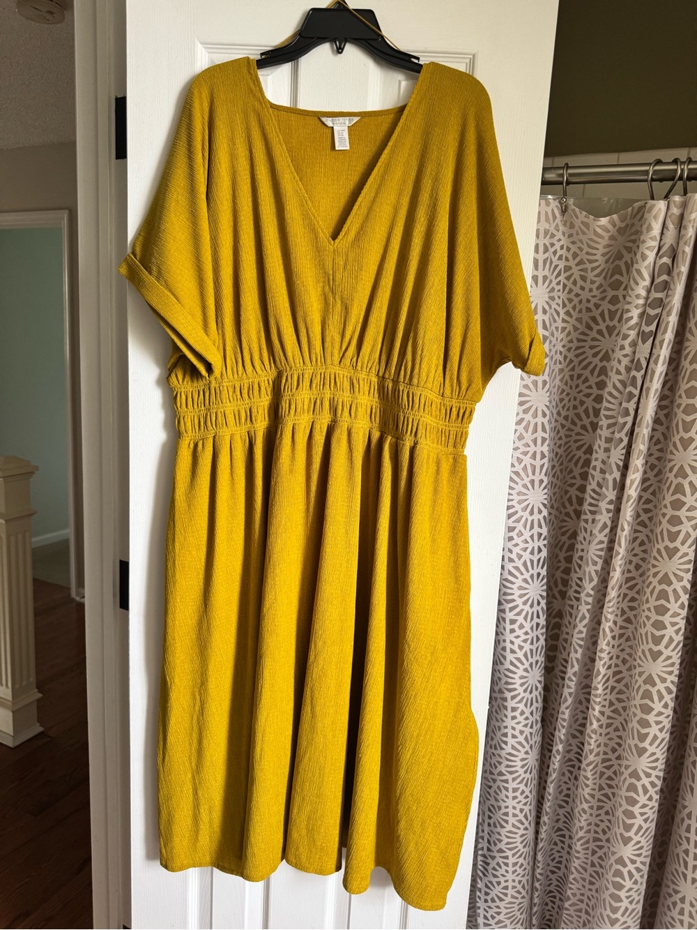London Times Mustard V-Neck Midi Dress with Smocked Waist